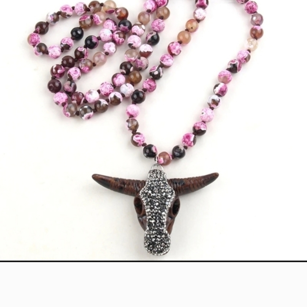 Pink Beaded Bull Skull Necklace- Fuschia Necklace Only